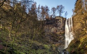 Preview wallpaper rock, waterfall, trees, nature
