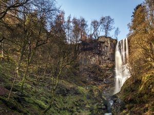 Preview wallpaper rock, waterfall, trees, nature