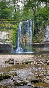 Preview wallpaper rock, waterfall, water, spray, nature, landscape