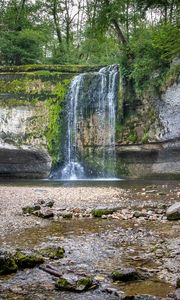 Preview wallpaper rock, waterfall, water, spray, nature, landscape