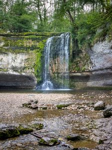 Preview wallpaper rock, waterfall, water, spray, nature, landscape