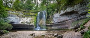 Preview wallpaper rock, waterfall, water, spray, nature, landscape