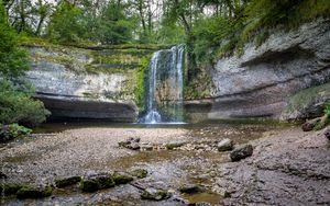 Preview wallpaper rock, waterfall, water, spray, nature, landscape