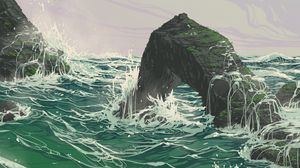Preview wallpaper rock, waves, sea, art, vector