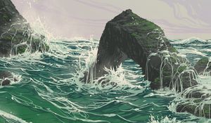 Preview wallpaper rock, waves, sea, art, vector