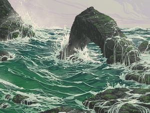 Preview wallpaper rock, waves, sea, art, vector