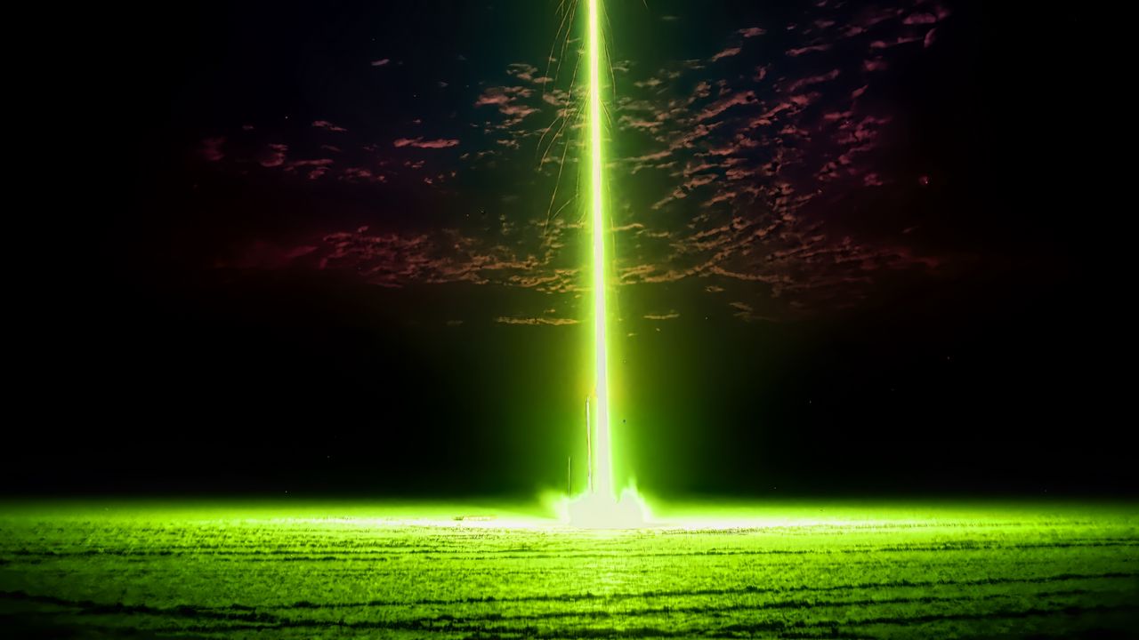 Wallpaper rocket, light, beam, green, night