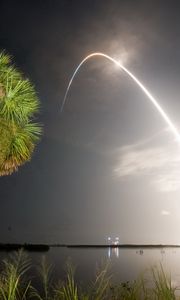 Preview wallpaper rocket, salute, palm trees, sea, evening