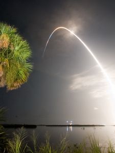 Preview wallpaper rocket, salute, palm trees, sea, evening