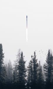 Preview wallpaper rocket, smoke, trees, fog