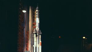 Preview wallpaper rocket, spaceport, night, light