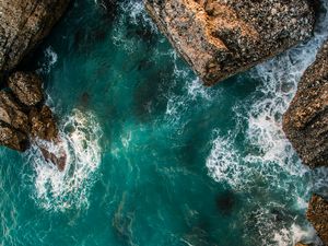 Preview wallpaper rocks, aerial view, sea, ocean, surf