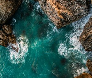 Preview wallpaper rocks, aerial view, sea, ocean, surf