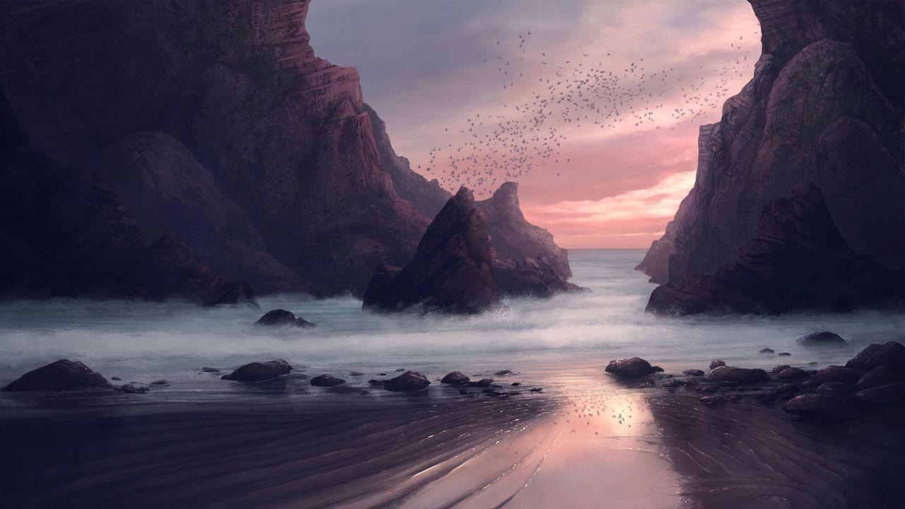 Wallpaper rocks, birds, horizon, art