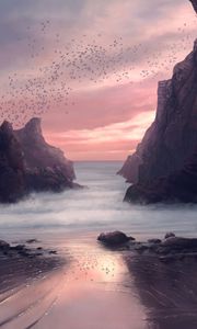 Preview wallpaper rocks, birds, horizon, art