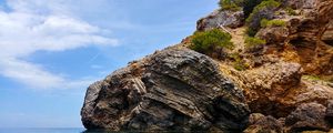 Preview wallpaper rocks, bushes, sea, cliff, sky