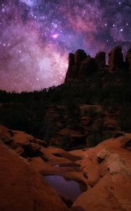 Preview wallpaper rocks, canyon, starry sky, night, dark