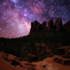Preview wallpaper rocks, canyon, starry sky, night, dark