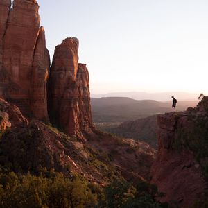 Preview wallpaper rocks, canyon, trees, man, alone