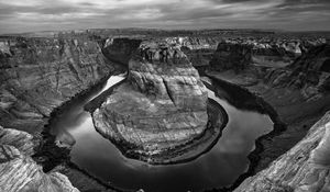 Preview wallpaper rocks, canyon, water, black and white, nature