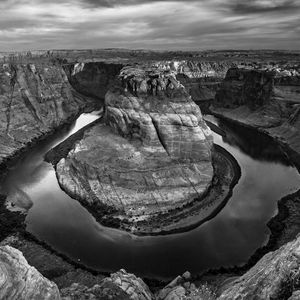 Preview wallpaper rocks, canyon, water, black and white, nature