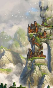 Preview wallpaper rocks, city, fantasy, landscape, canvas, art