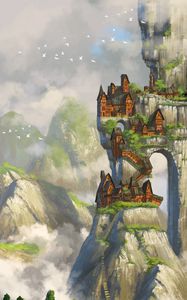 Preview wallpaper rocks, city, fantasy, landscape, canvas, art
