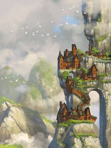 Preview wallpaper rocks, city, fantasy, landscape, canvas, art