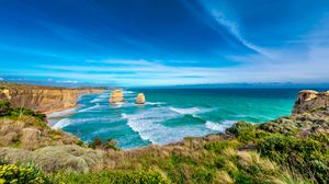 Preview wallpaper rocks, cliff, sea, landscape, bright