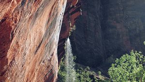 Preview wallpaper rocks, cliff, waterfall, trees, bushes