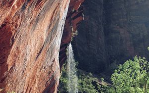 Preview wallpaper rocks, cliff, waterfall, trees, bushes