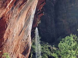 Preview wallpaper rocks, cliff, waterfall, trees, bushes