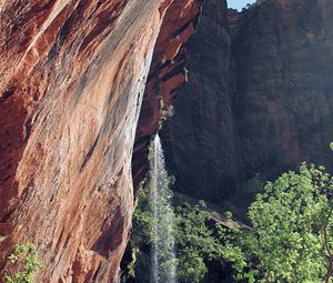 Preview wallpaper rocks, cliff, waterfall, trees, bushes