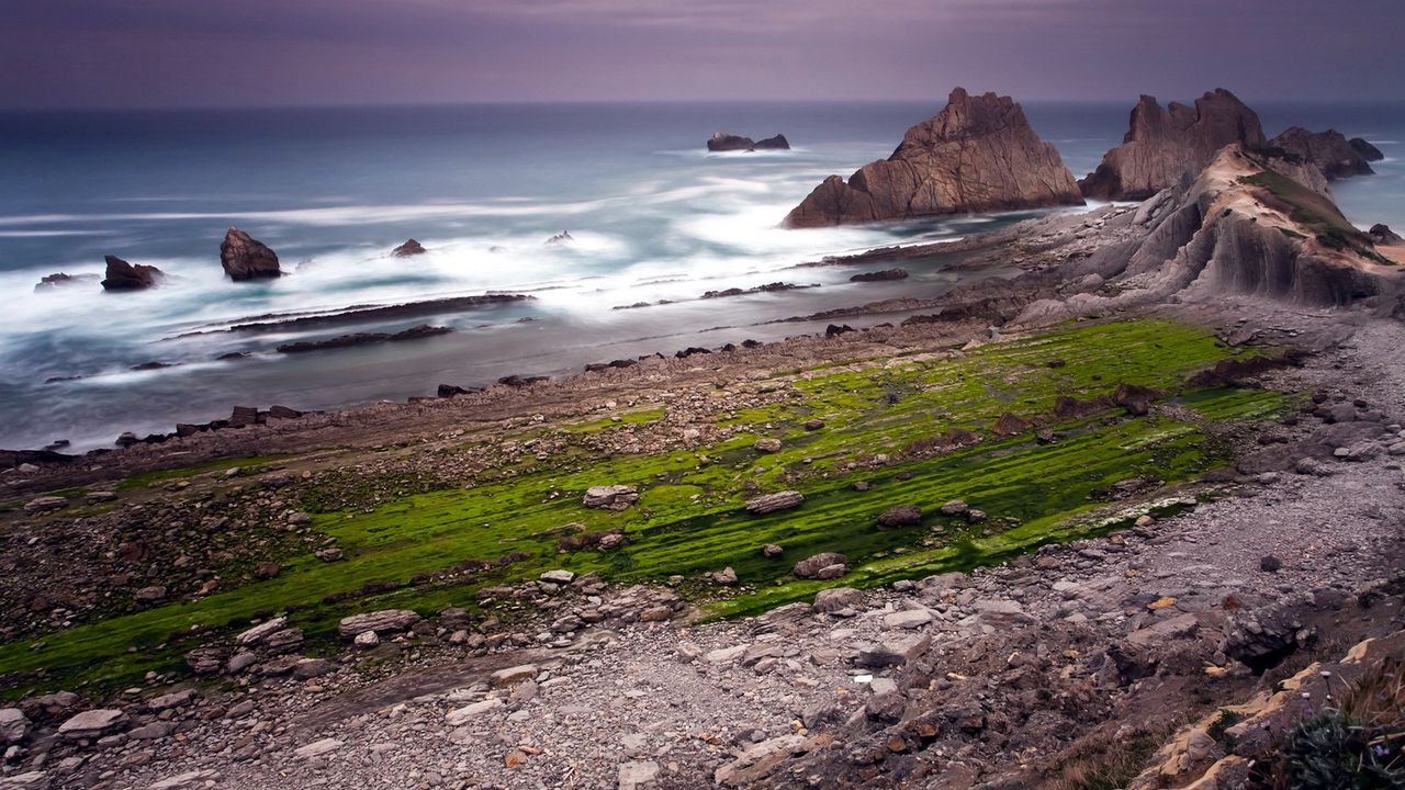 Wallpaper rocks, coast, ocean, cloudy, grass, greens