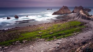 Preview wallpaper rocks, coast, ocean, cloudy, grass, greens