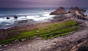 Preview wallpaper rocks, coast, ocean, cloudy, grass, greens