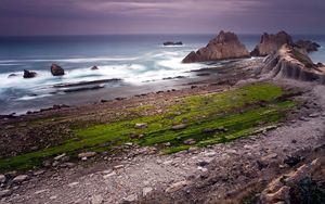 Preview wallpaper rocks, coast, ocean, cloudy, grass, greens