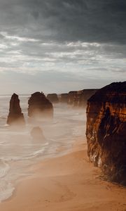 Preview wallpaper rocks, coast, sand, water, waves, aerial view, nature