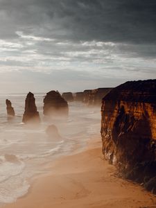 Preview wallpaper rocks, coast, sand, water, waves, aerial view, nature