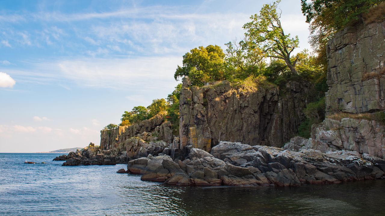 Wallpaper rocks, coast, sea, trees, sky