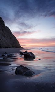 Preview wallpaper rocks, coast, sea, stones, water, sunset