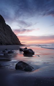 Preview wallpaper rocks, coast, sea, stones, water, sunset