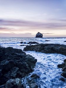 Preview wallpaper rocks, coast, sea, evening, cold, foam, gloomy