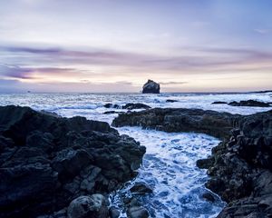 Preview wallpaper rocks, coast, sea, evening, cold, foam, gloomy