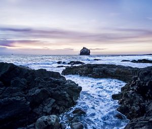 Preview wallpaper rocks, coast, sea, evening, cold, foam, gloomy