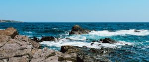 Preview wallpaper rocks, coast, stones, sea, waves, wavy