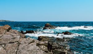 Preview wallpaper rocks, coast, stones, sea, waves, wavy