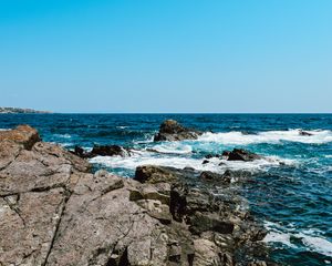 Preview wallpaper rocks, coast, stones, sea, waves, wavy