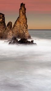 Preview wallpaper rocks, fog, evaporation, sea, colors