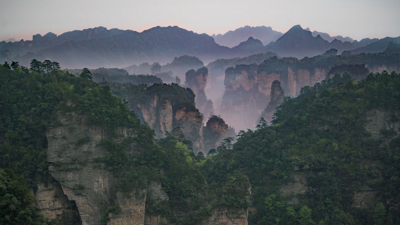 Wallpaper rocks, fog, mountains, trees